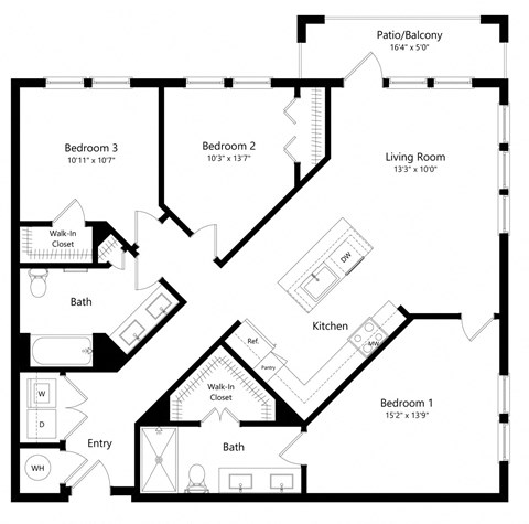 Floor plan for 3 beds, 2 baths, 1279 sqft